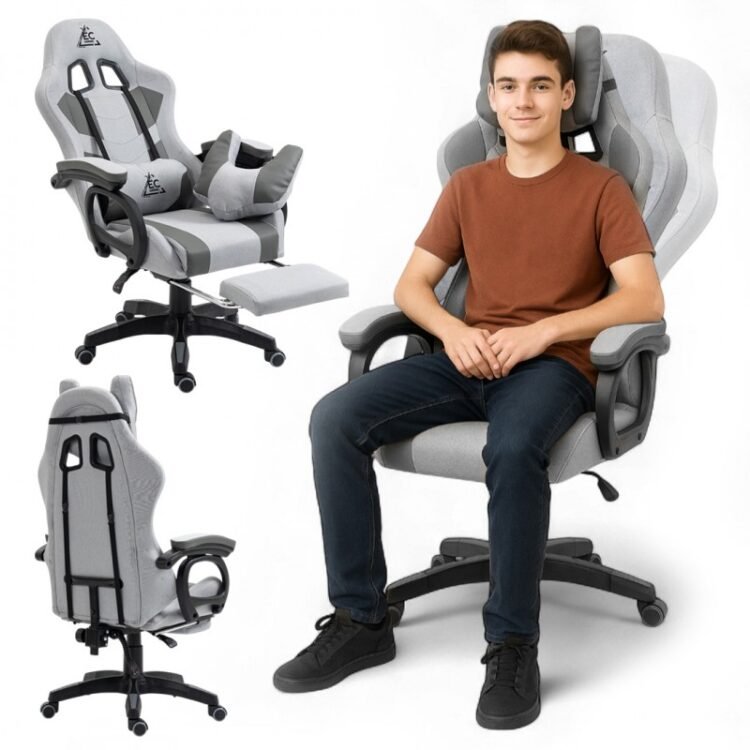 Žaidimų kėdė „STUDENT“ su pakoju ir masažine pagalvėle, pilka