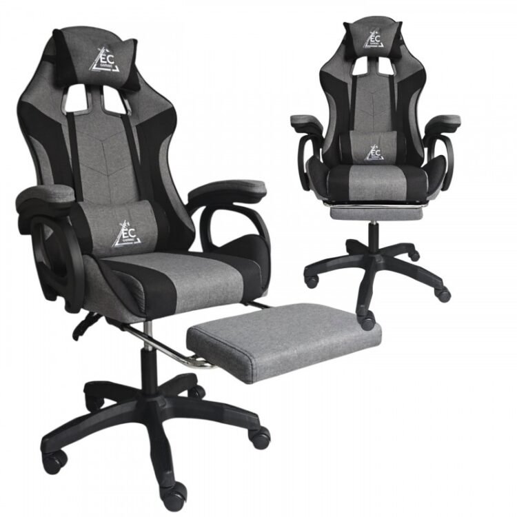 Žaidimų kėdė STRIKE su kojų atrama ir pagalvėlėmis (pilka)